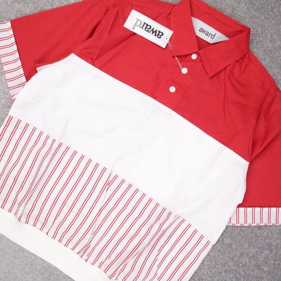 VTG 80s 90s Award Deadstock Medium Red White Striped Short Sleeve Collared Shirt - Picture 8 of 10